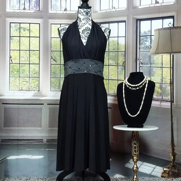 Evan Picone | Dresses | Evan Picone Beaded Waistline Black Halter Dress 8 |  Poshmark